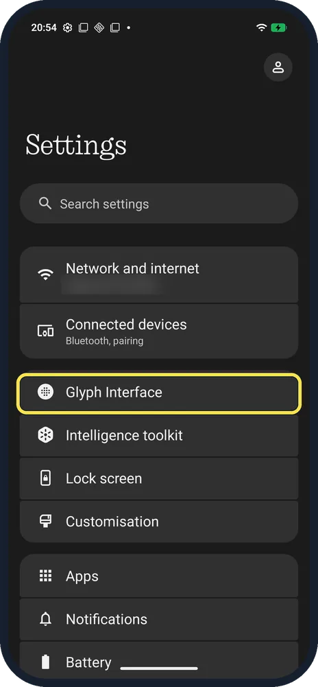Android screenshot: Open Glyph Interface