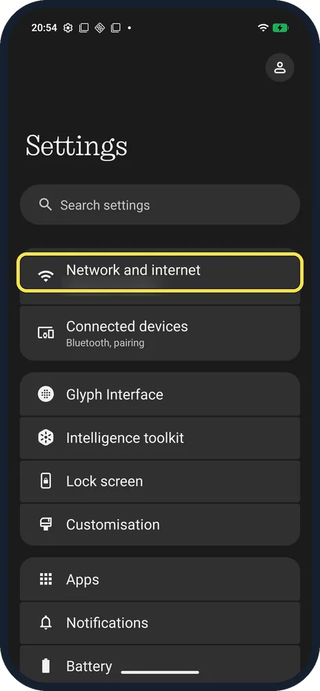 Android screenshot: Open Network and internet