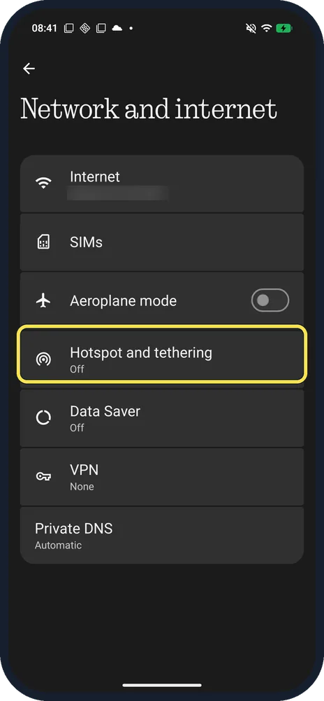 Android screenshot: Tap Hotspot and tethering