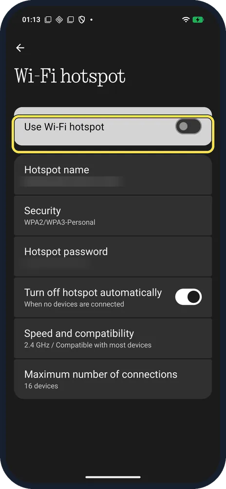 Android screenshot: Turn on Use Wi-Fi hotspot