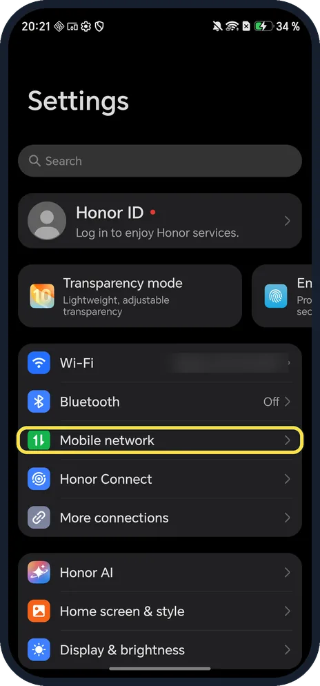 Android screenshot: Open Mobile network