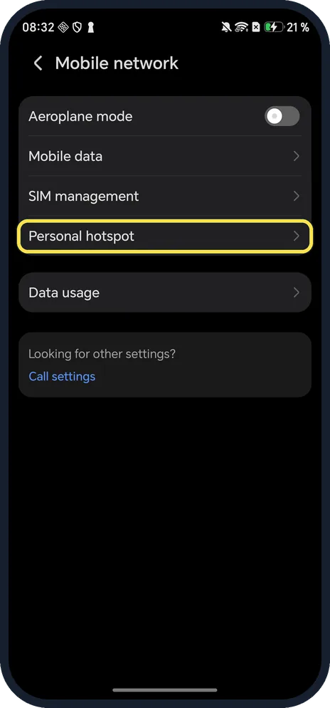 Android screenshot: Tap Personal hotspot