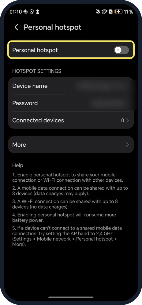 Android screenshot: Turn on Personal hotspot