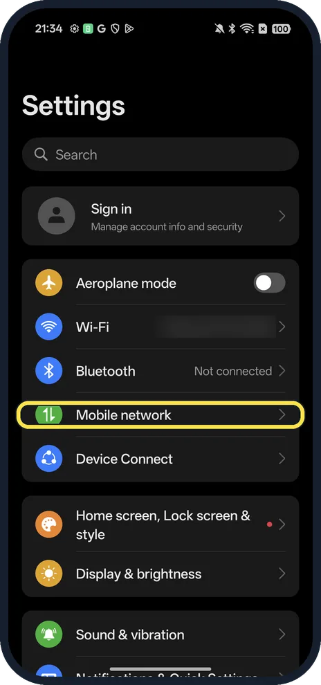 Android screenshot: Open Mobile network