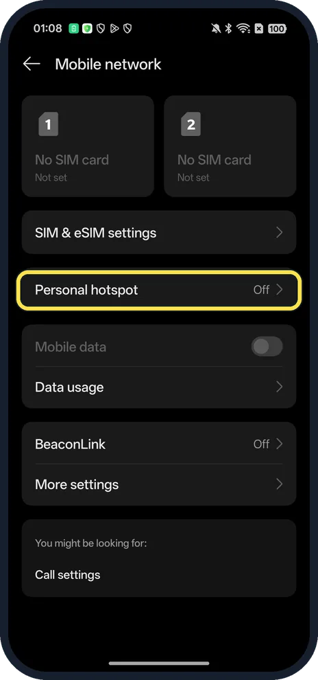 Android screenshot: Tap Personal hotspot