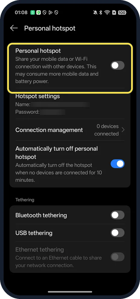 Android screenshot: Turn on Personal hotspot