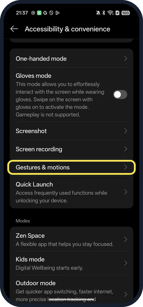 Android screenshot: Tap Gestures & motions