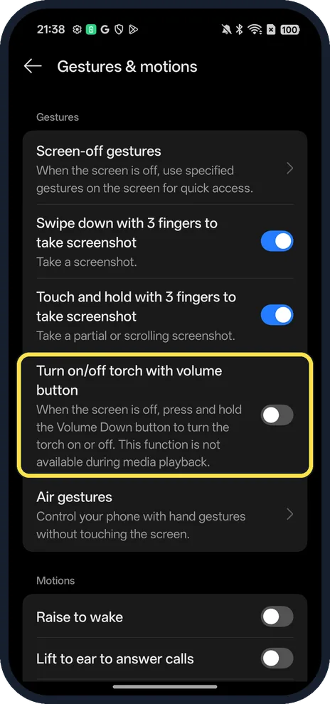 Android screenshot: Turn on Turn on/off torch with volume button