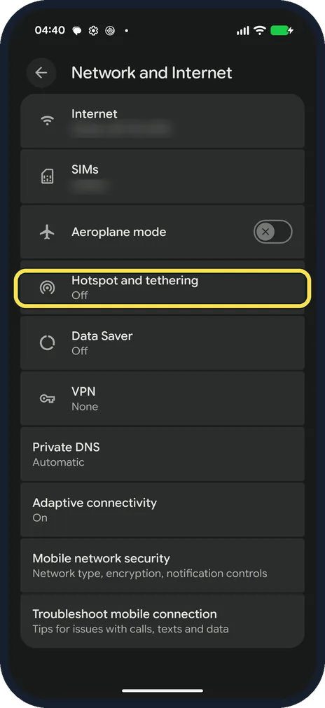 Screenshot from the guide: How to turn on the Wi-Fi hotspot on a Google Pixel (Android 17)