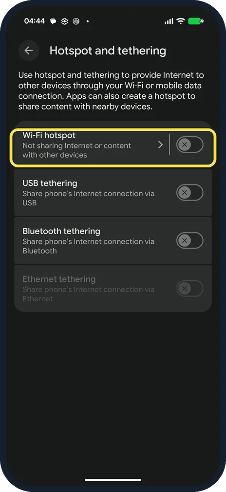 Android screenshot: Tap Wi-Fi hotspot