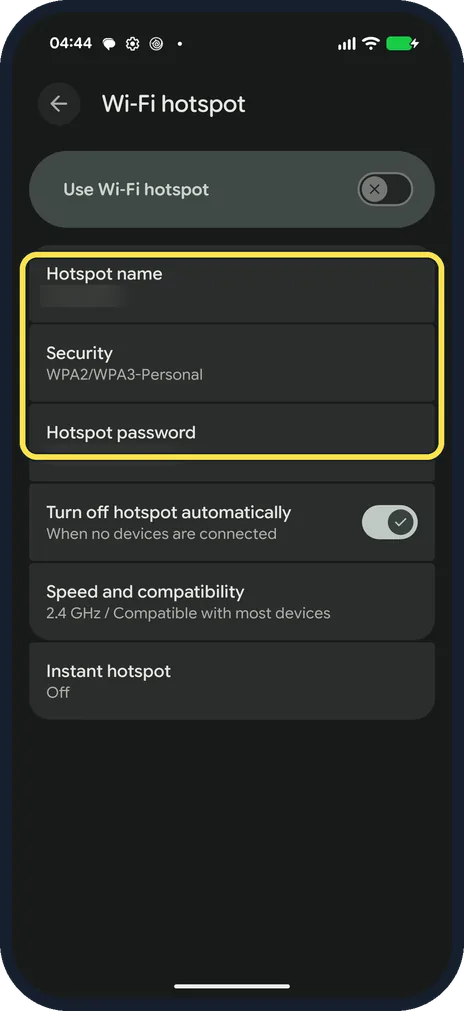 Android screenshot: Set the name and password