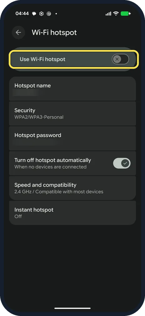 Android screenshot: Turn on Use Wi-Fi hotspot