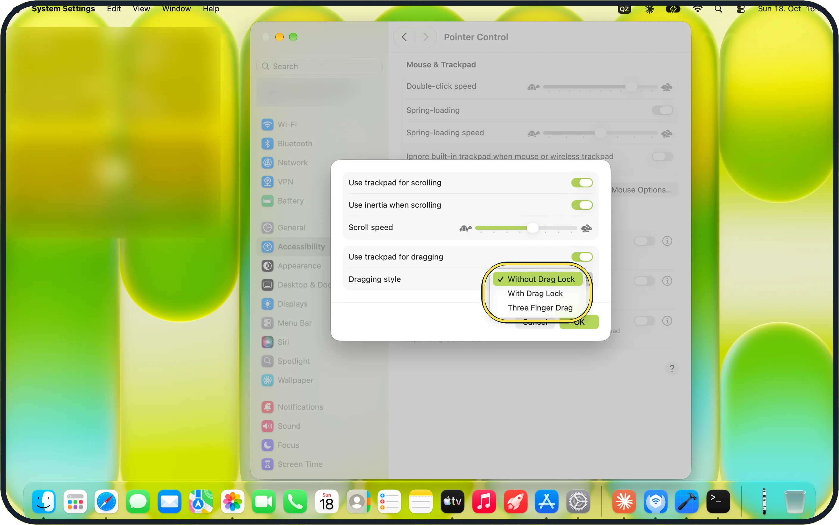 Mac screenshot: Open Dragging style