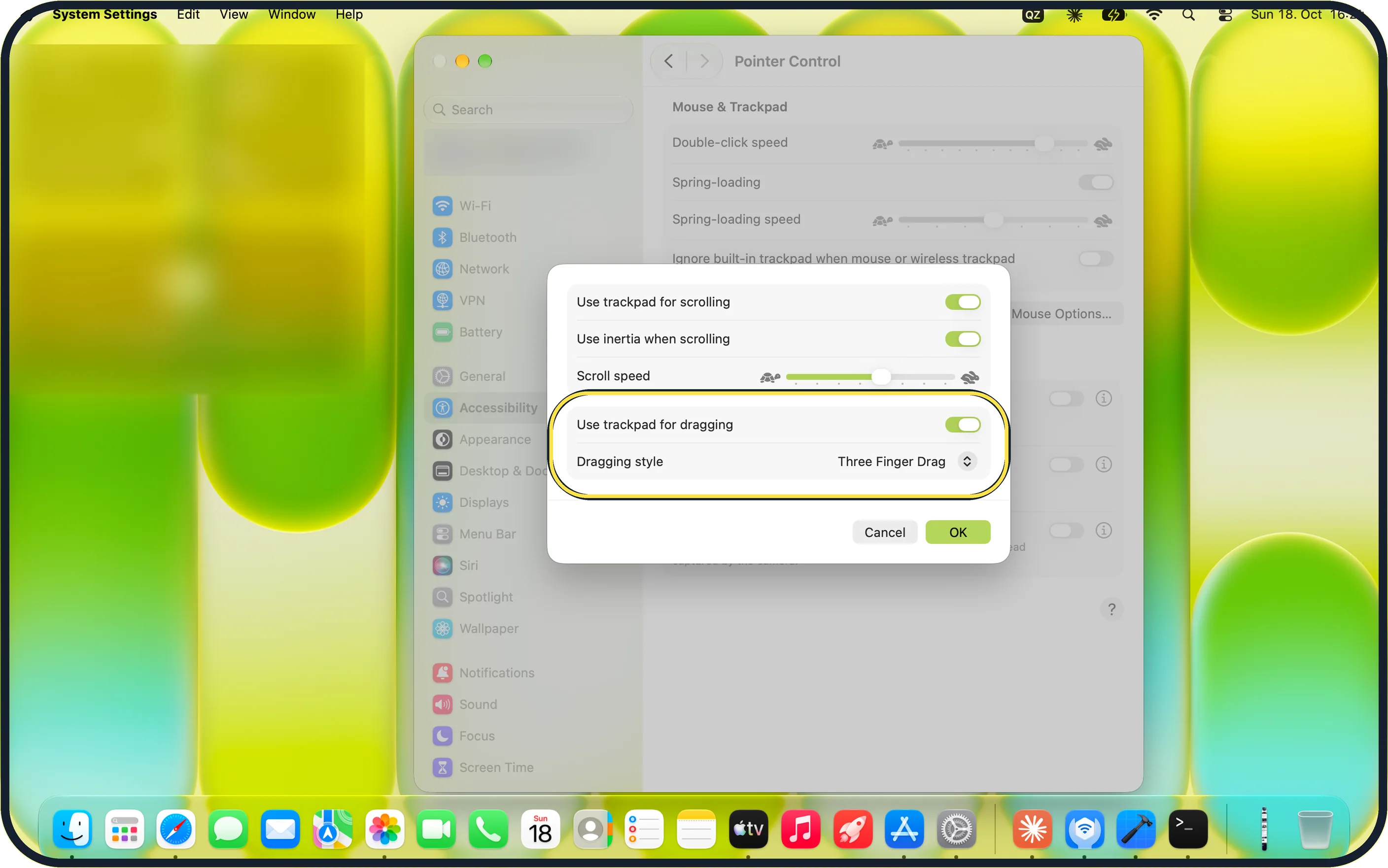 Mac screenshot: Choose Three Finger Drag and click OK