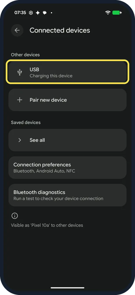 Screenshot from the guide: How to turn on USB file transfer on a Google Pixel (Android 17)