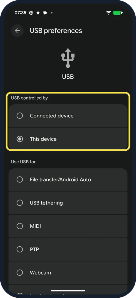 Android screenshot: Check USB controlled by