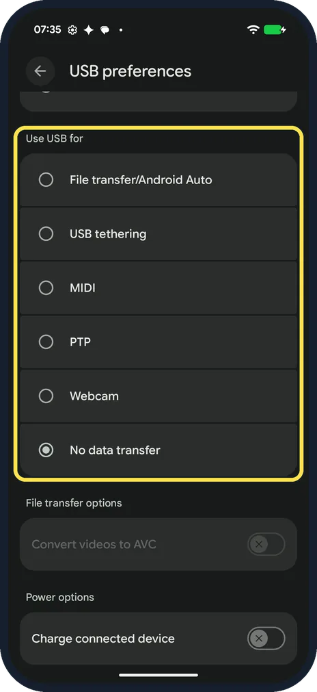 Android screenshot: Look at Use USB for