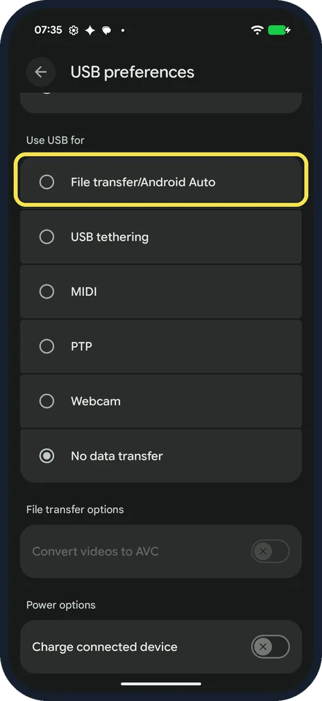 Android screenshot: Tap File transfer/Android Auto