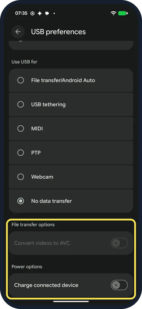 Android screenshot: Options below