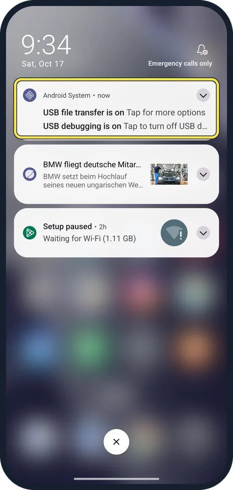 Android screenshot: Tap File transfers/Android Auto