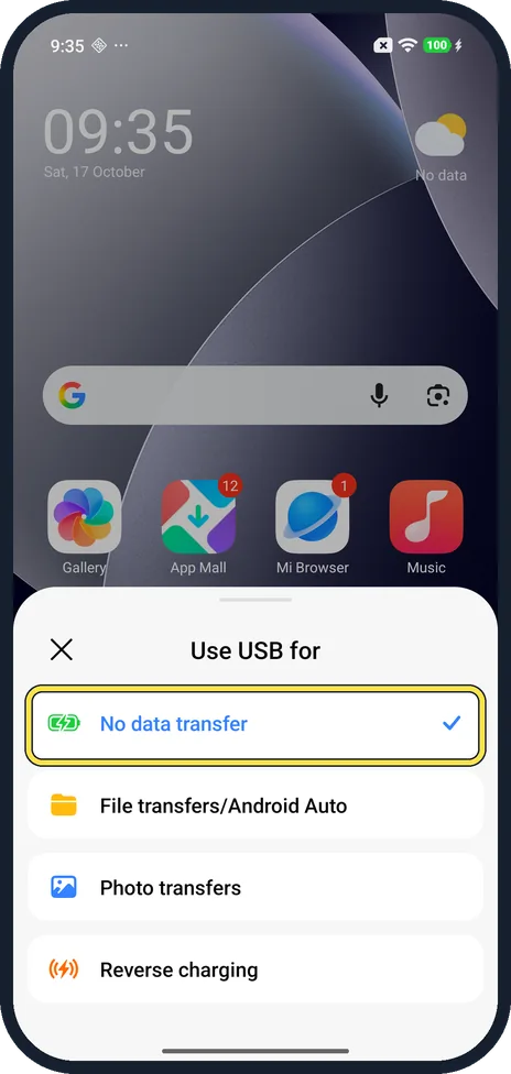 Android screenshot: Back to charging only