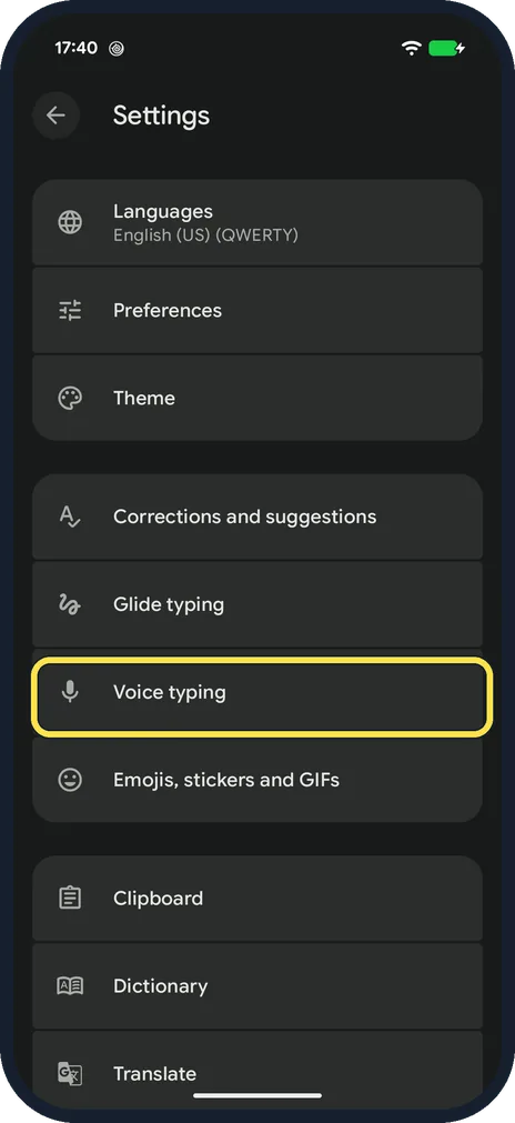 Android screenshot: Open Gboard settings