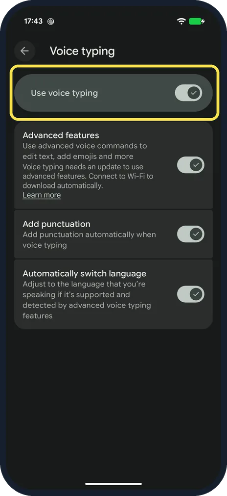 Android screenshot: Switch on Use voice typing