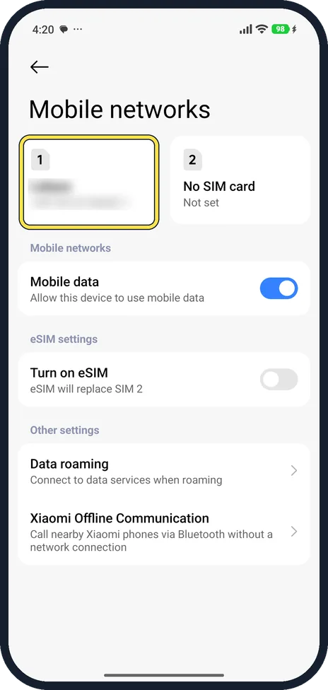 Android screenshot: Open Mobile networks