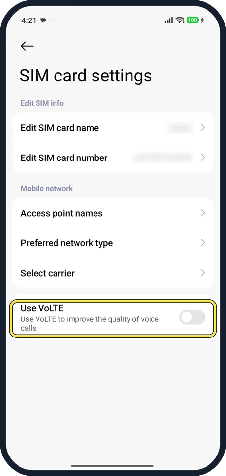 Android screenshot: Turn on Use VoLTE