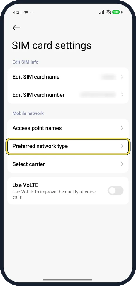 Android screenshot: Tap Preferred network type