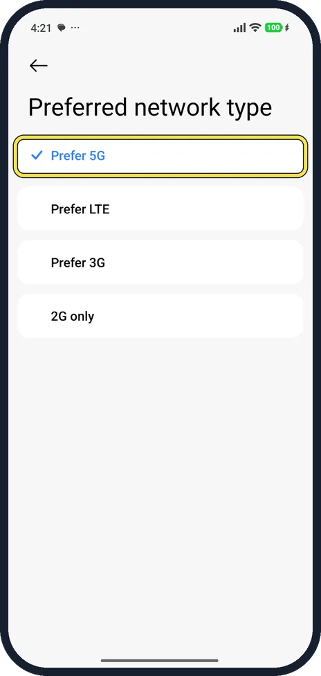 Android screenshot: Choose Prefer 5G