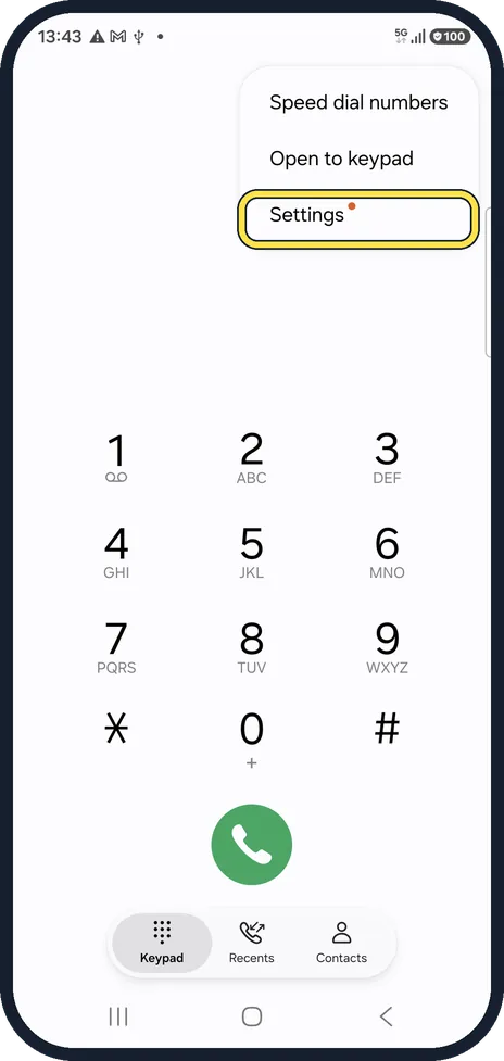 Android screenshot: Open the Phone app's settings