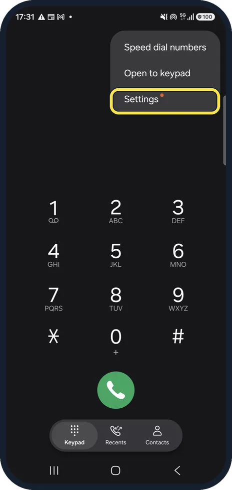 Android screenshot: Open the Phone app's settings