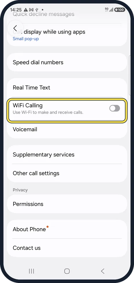 Android screenshot: Switch on Wi-Fi Calling
