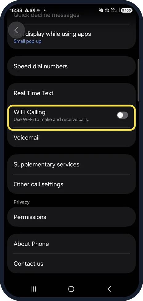 Android screenshot: Switch on Wi-Fi Calling