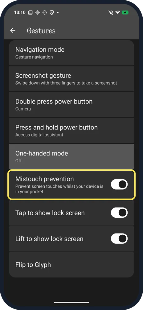 Android screenshot: Turn Mistouch prevention on or off