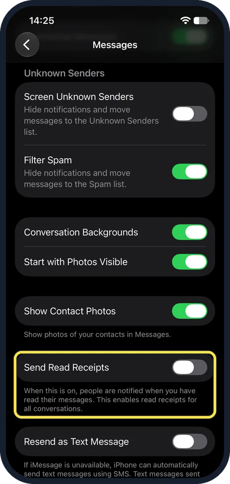 iPhone screen: Find Send Read Receipts