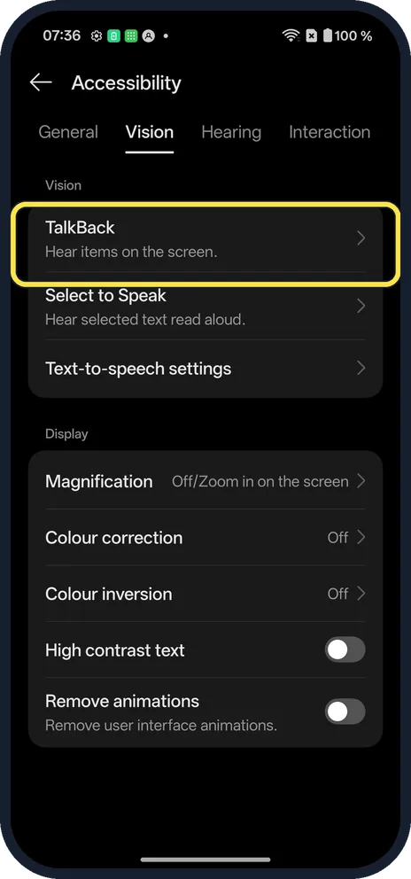 Android screenshot: Open the Vision tab