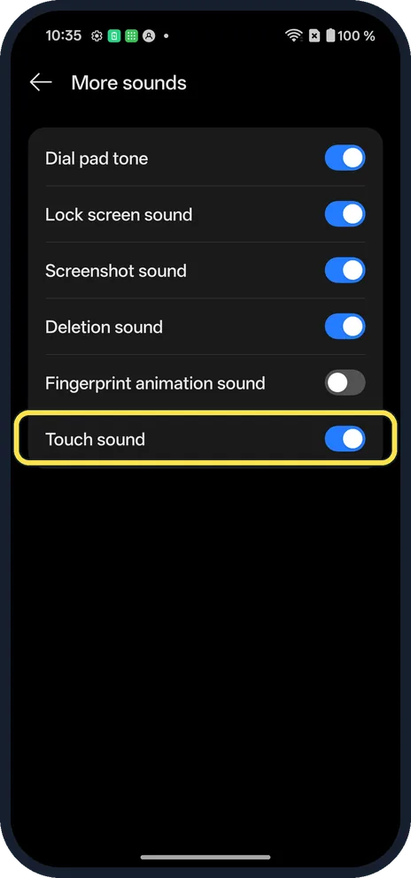 Android screenshot: Switch Touch sound on