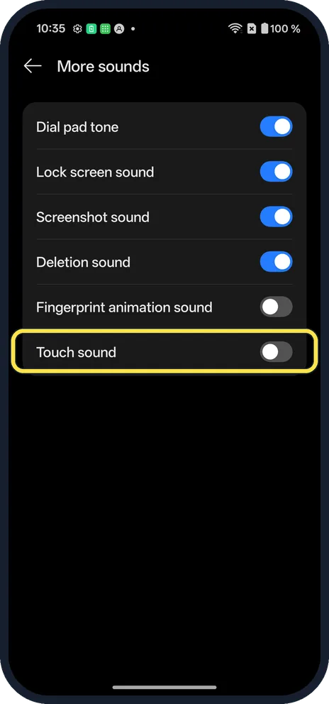 Android screenshot: Or switch Touch sound off
