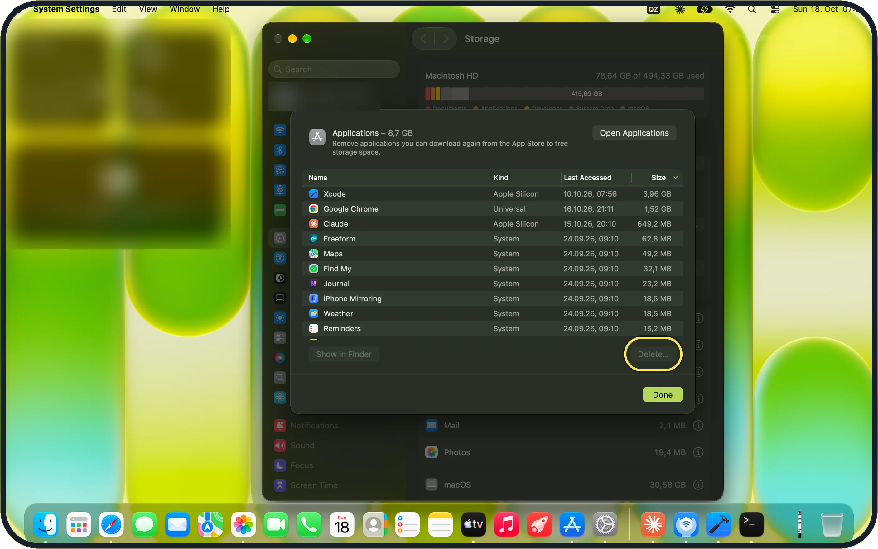 Mac screenshot: Or delete from Storage settings