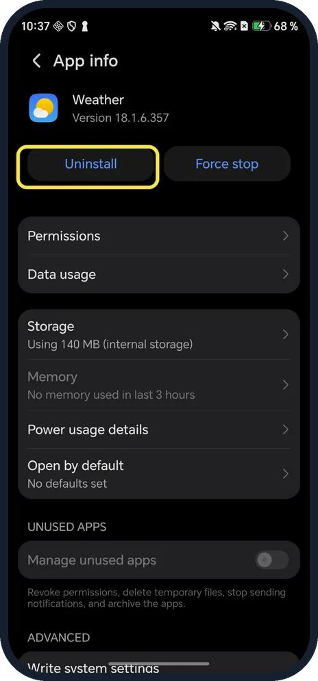 Android screenshot: Or tap Uninstall in App info