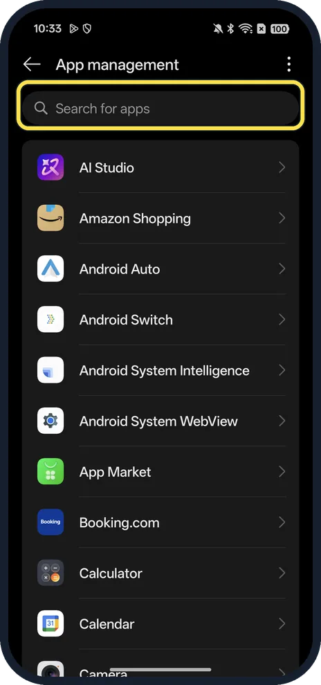 Android screenshot: Open App management and find the app