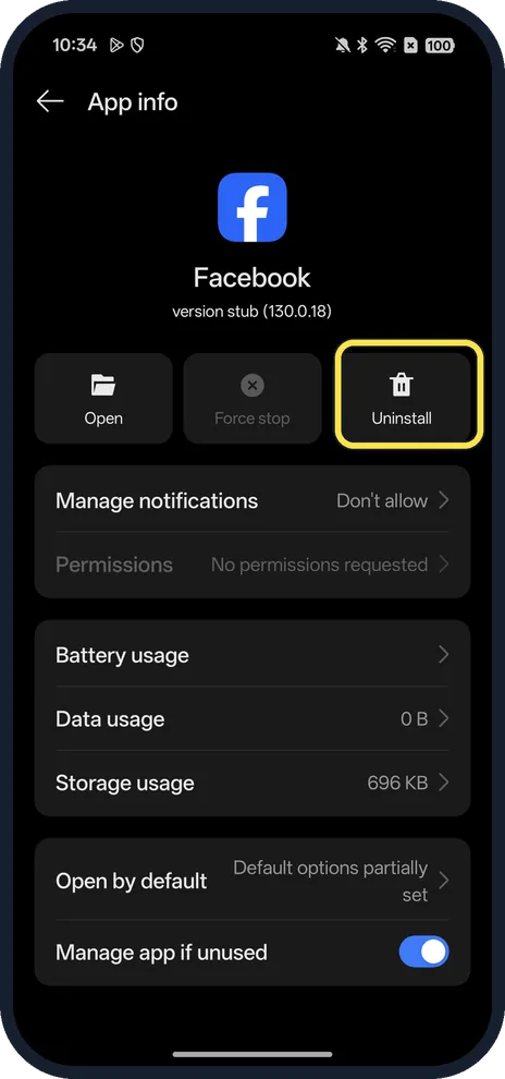 Android screenshot: Tap Uninstall
