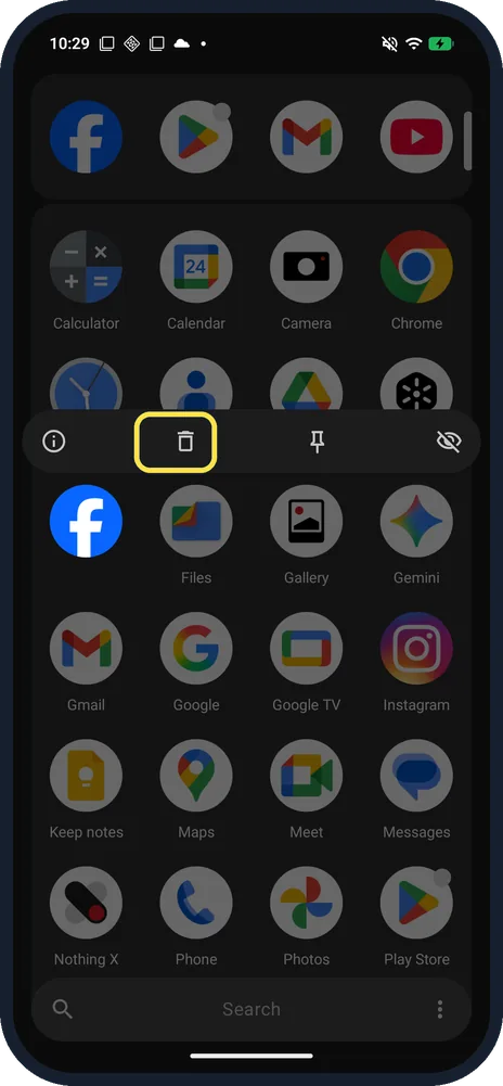 Android screenshot: Touch and hold the app, then tap the bin
