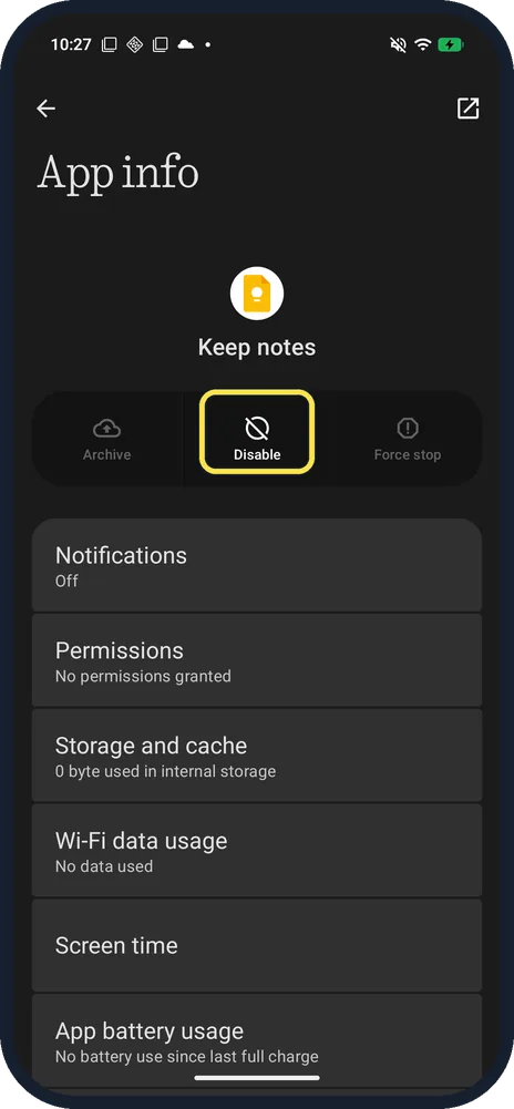 Android screenshot: Preinstalled app? Tap Disable