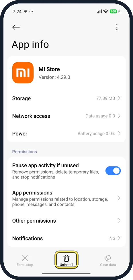 Android screenshot: Uninstall a removable app