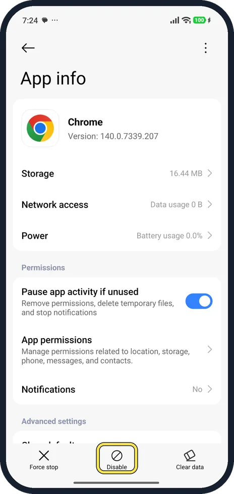 Android screenshot: Disable an app you can't remove