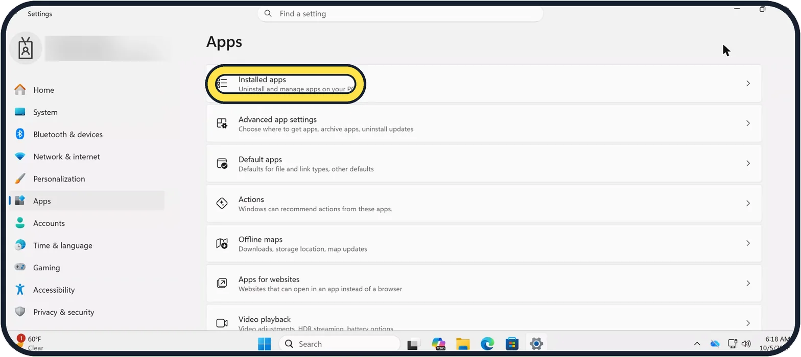 Windows screenshot: Click Installed apps