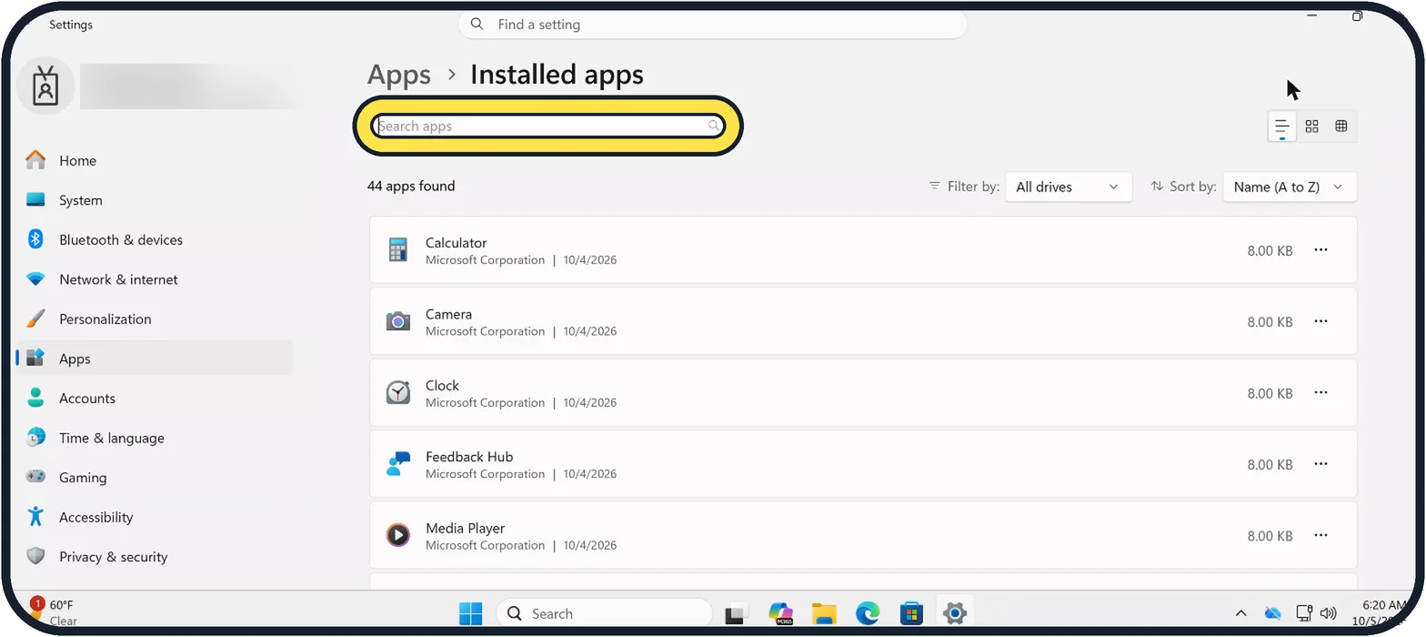 Windows screenshot: Find the program